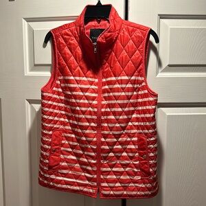 Talbots Coral Red & White Stripe Diamond Quilted Zip up Vest Size M